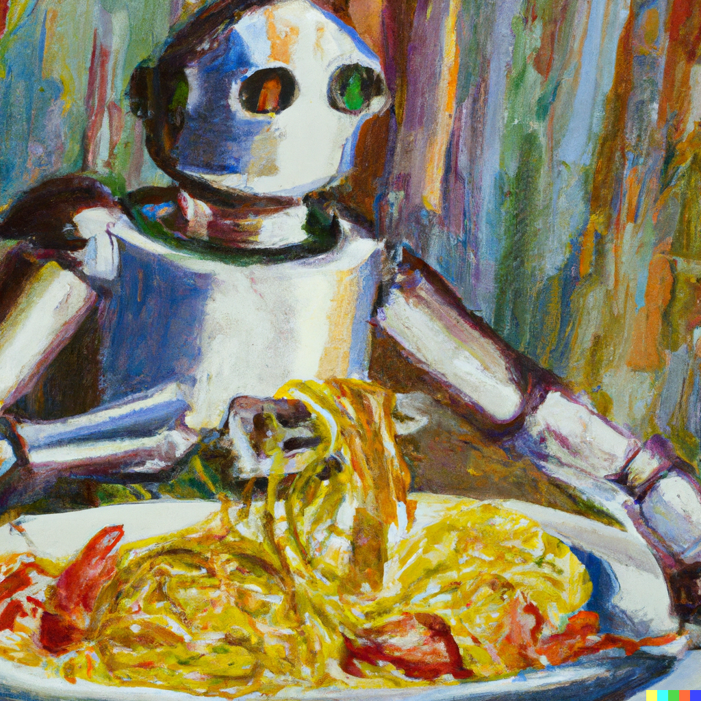 A painting in the style of Claude Monet of a robot eating spaghetti - DALL·E 2